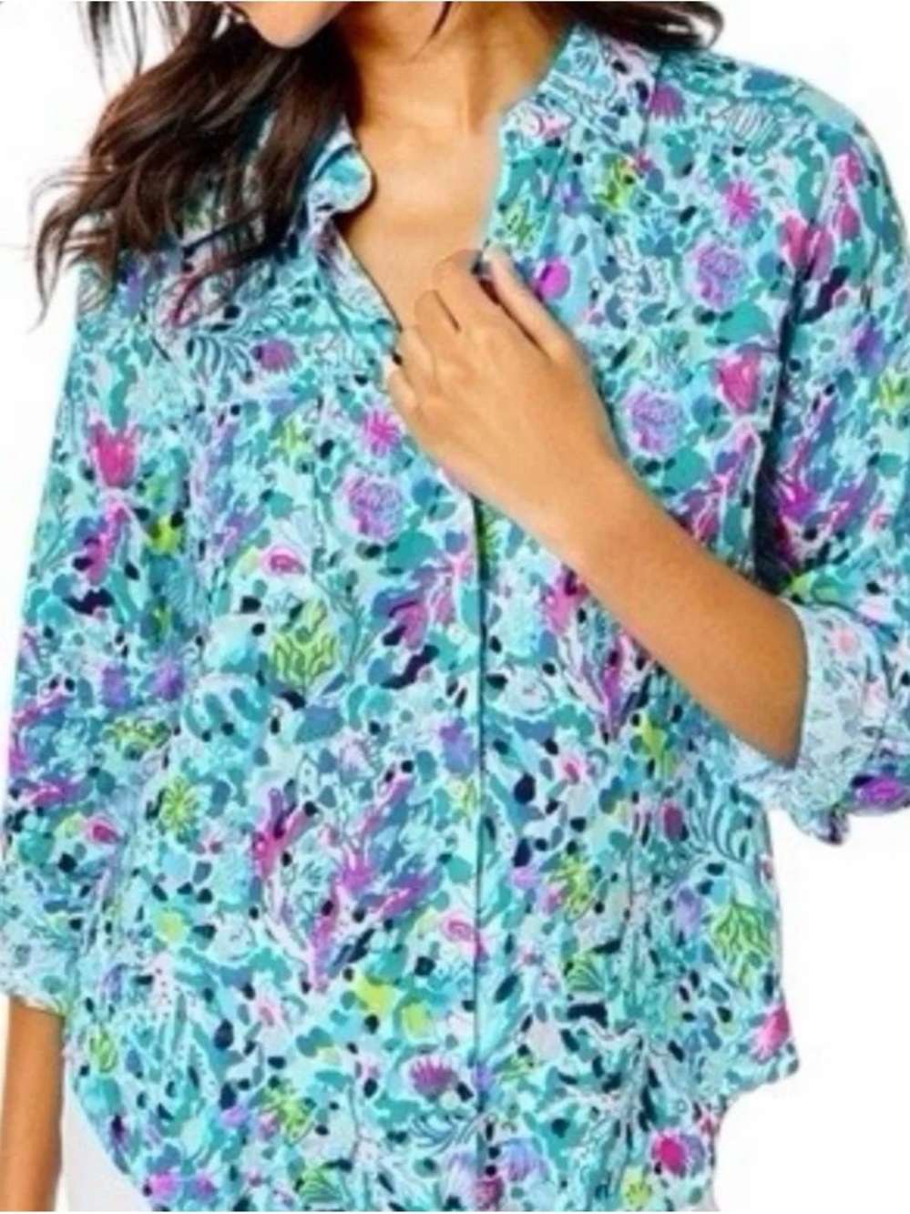 Lilly Pulitzer Aqua Button-Down Linen Shirt